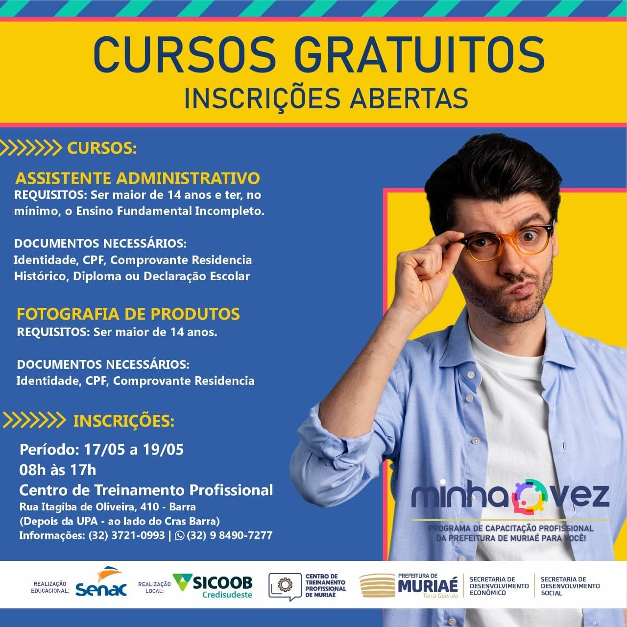 Inscrições abertas para novos cursos de formação profissional em Muriaé